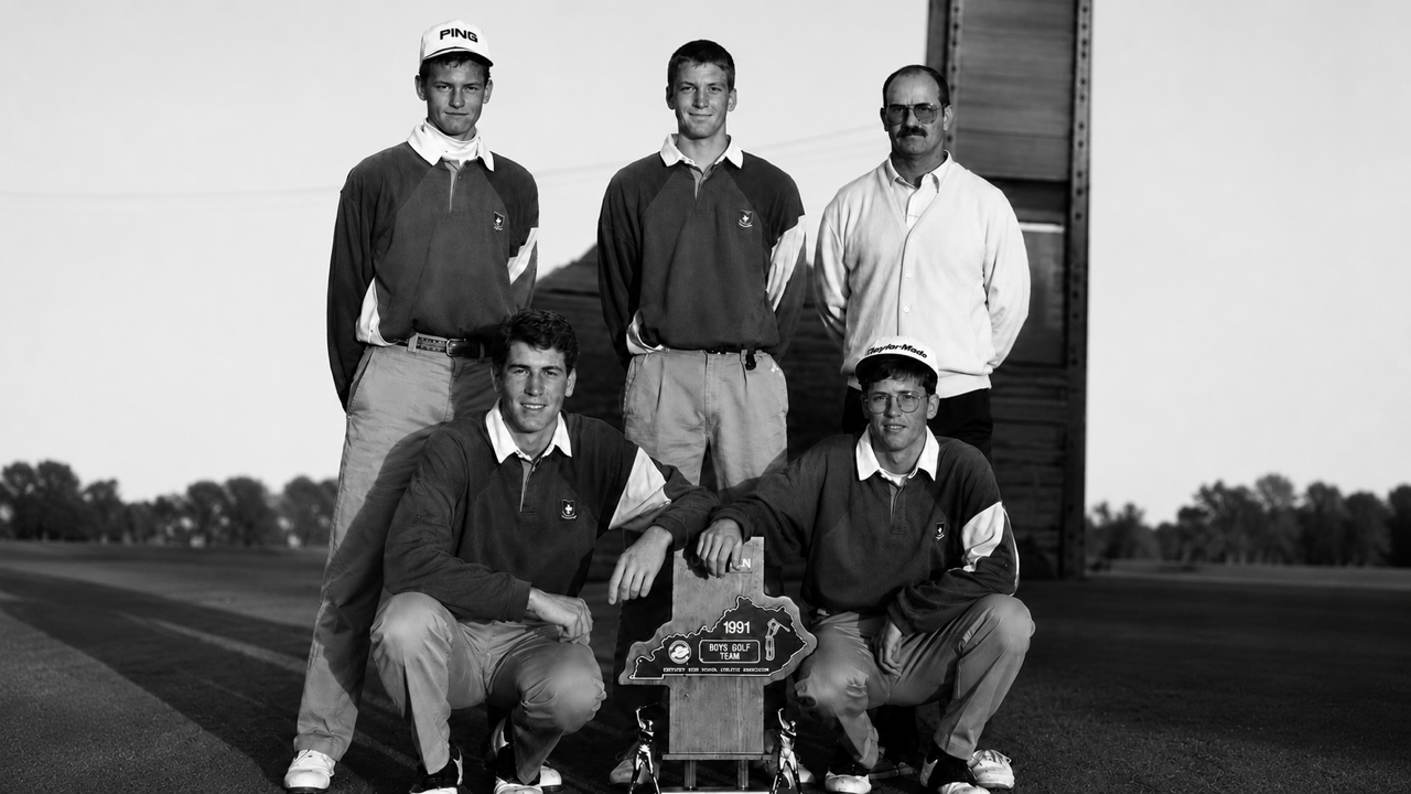 Franklin County High School boys golf team with the 1992 state championship trophy