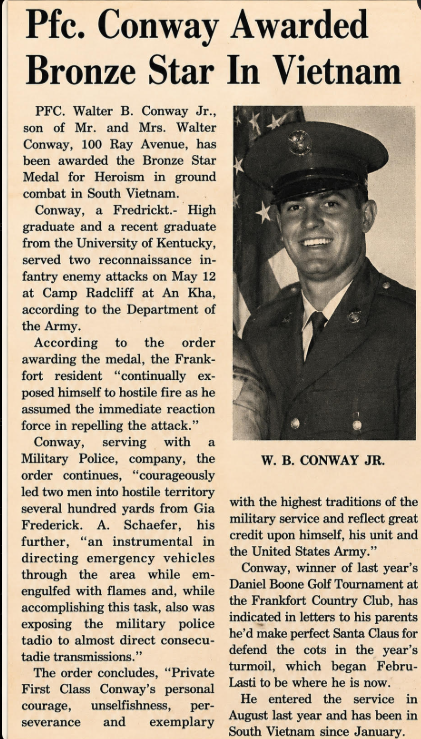 Newspaper clipping: Pfc. Conway Awarded Bronze Star In Vietnam, featuring a photo of W. B. Conway Jr. in uniform