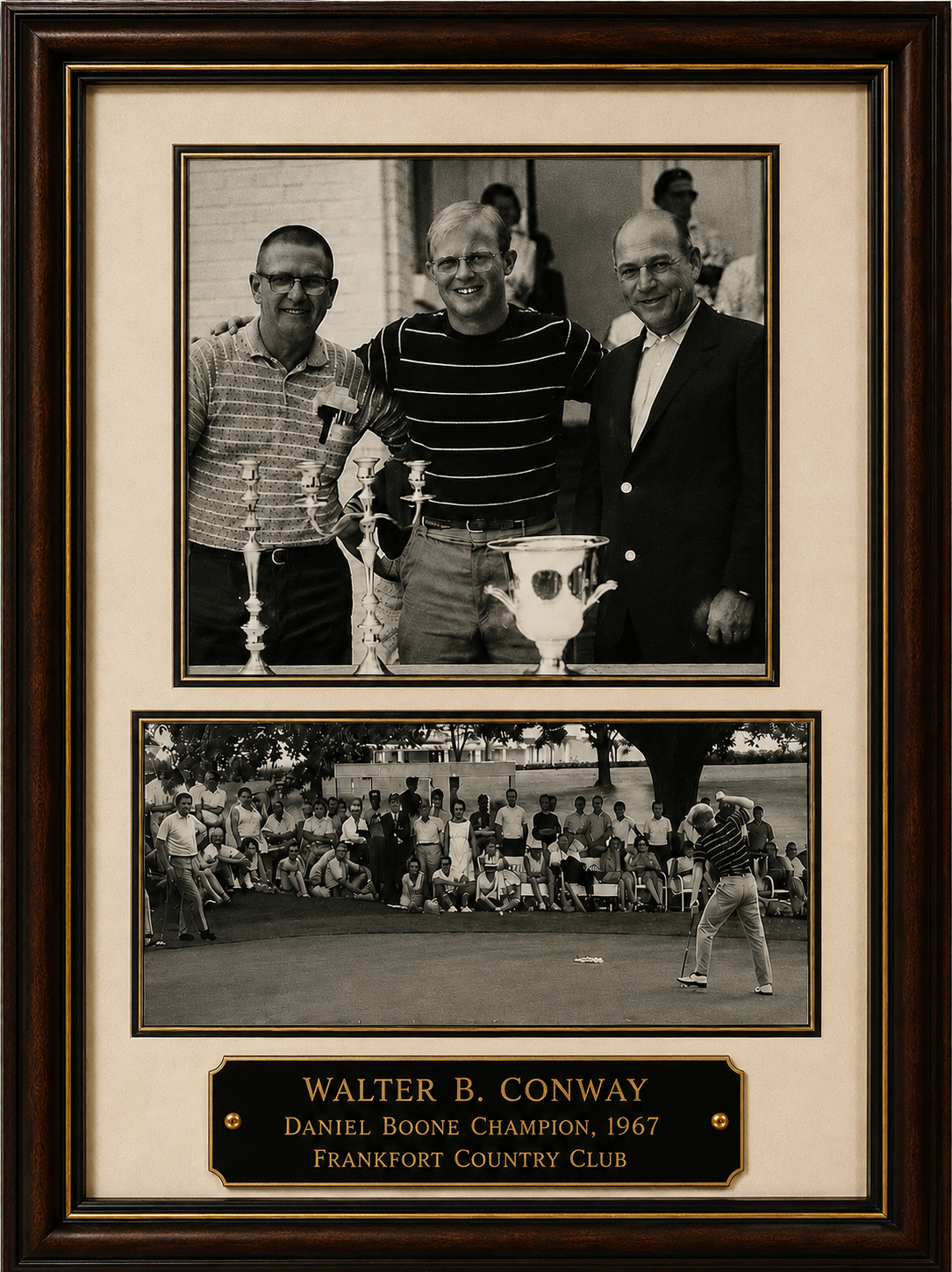 Framed photo: Walter B. Conway Jr., 1968 Daniel Boone Champion, Frankfort Country Club, with trophy presentation and gallery photos
